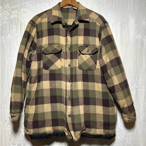VTG Falls Creek Shacket 2X Brown Green Plaid Flannel Shirt Jacket Quilt Lined - Picture 1 of 11
